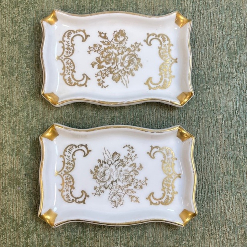 Vintage Limoges France Gold Hand Painted Floral Porcelain Ashtrays Set of 2